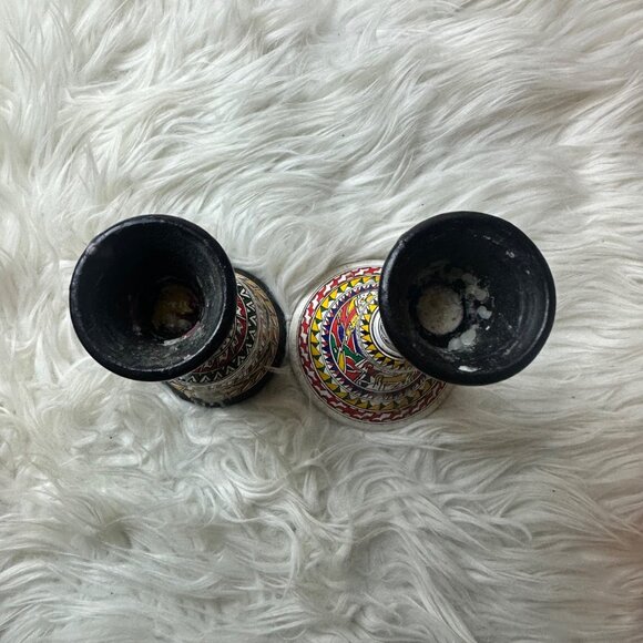 Vintage Hand Painted 2PCS Ceramic Candle Holders Artsy Artisan Tribal Boho - Picture 10 of 11